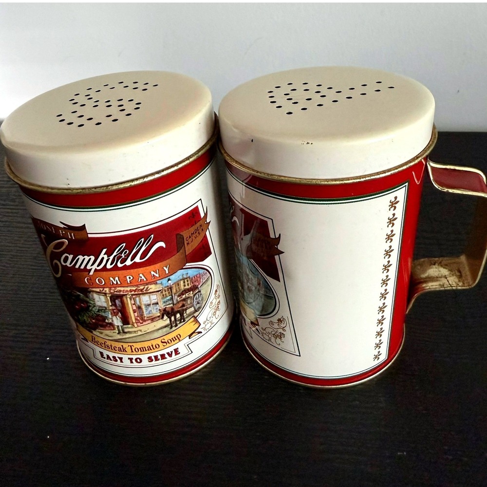 Vintage Campbell's Soup Metal Salt and Pepper Shakers Beefsteak Tomato Tin Set